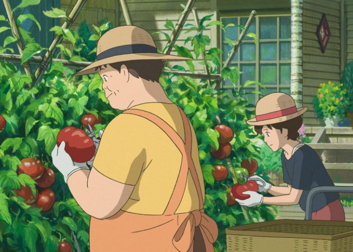 Anna picking tomatoes while wearing gloves and a straw hat. They look shiny and fresh.